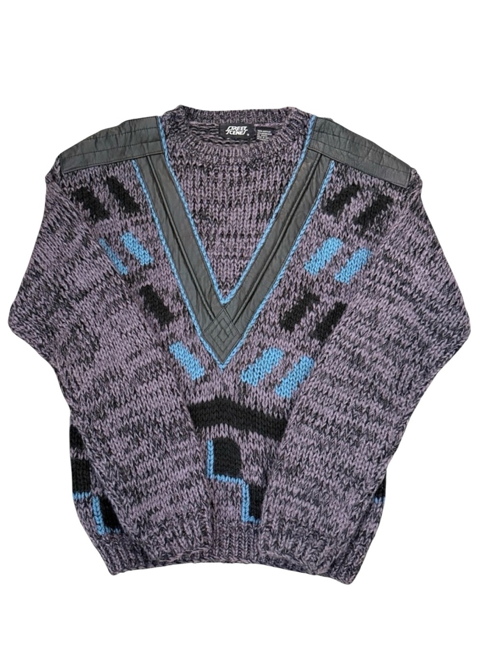 VTG 80s Geometric Chunky Knit Sweater Purple Black Leather Trim Crewneck Small